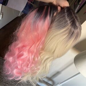 bundle pink and blonde shadow root cosplay wigs wavy curly sukuna